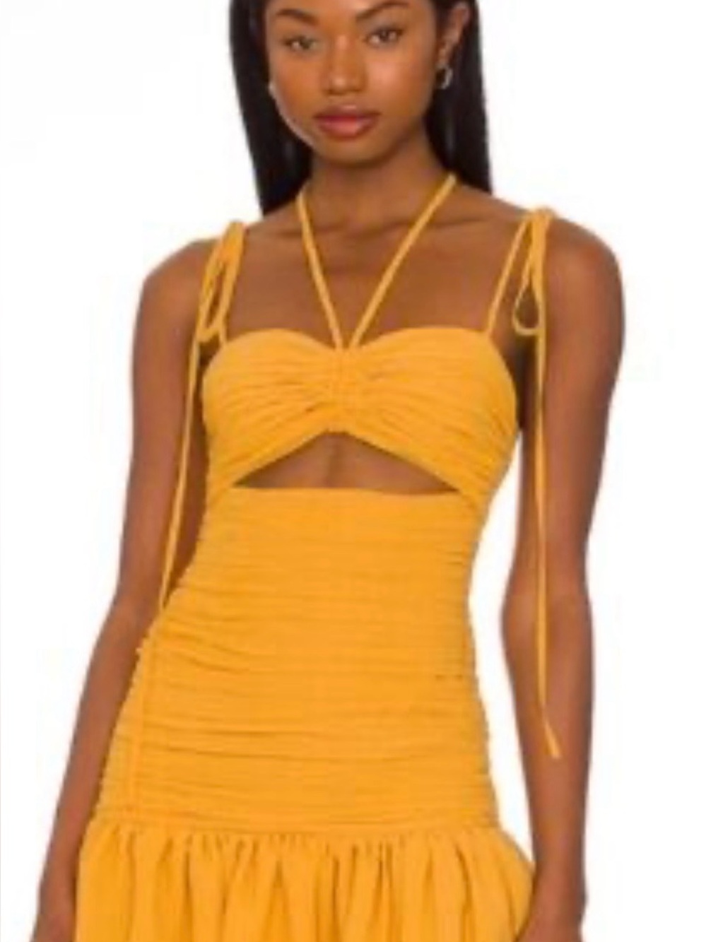 LPA Yellow Ruched Mini Dress with Ruffle Hem